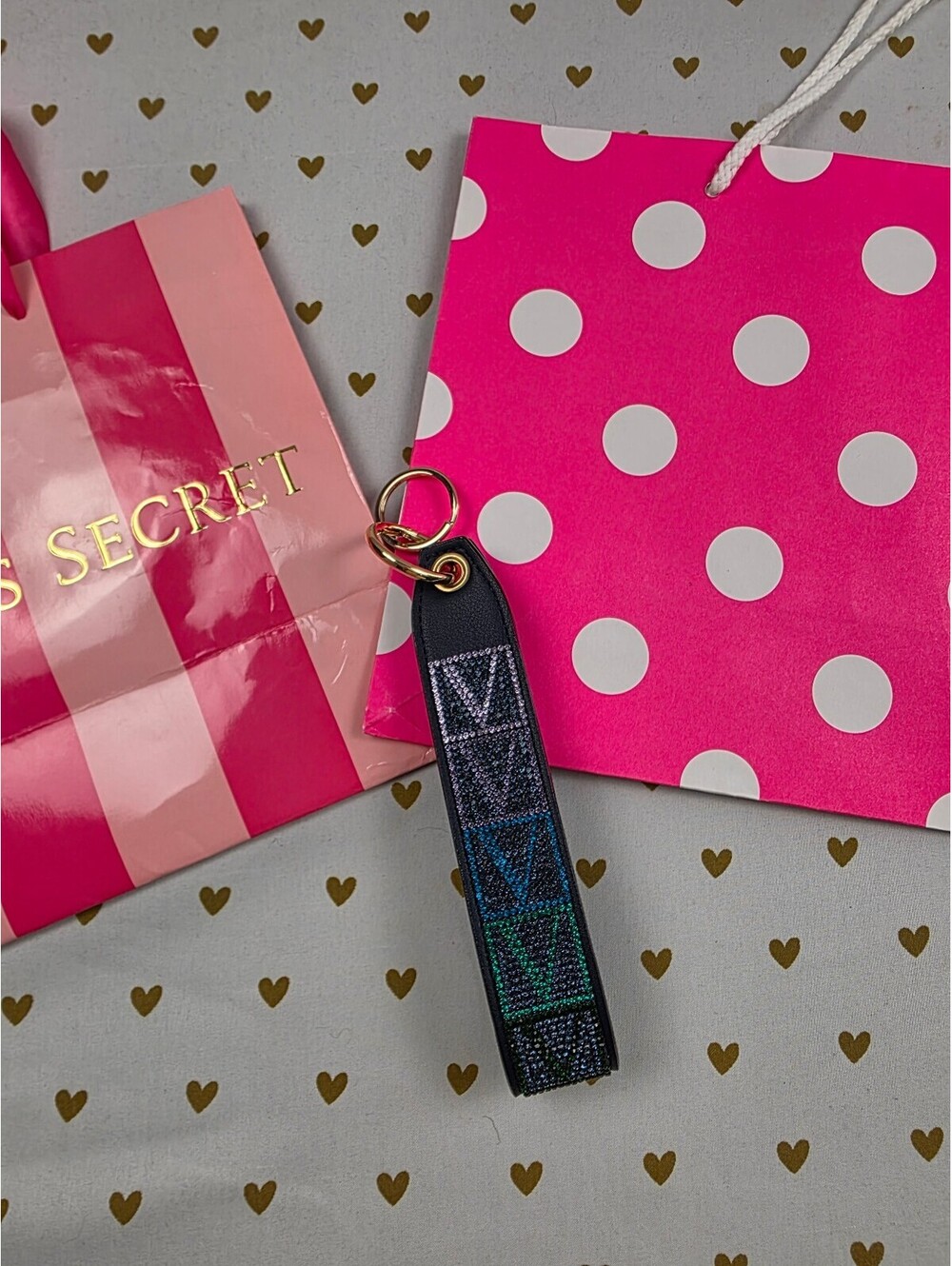Victoria Secret BLING wristlet strap keychain Studded Rhinestone Logo